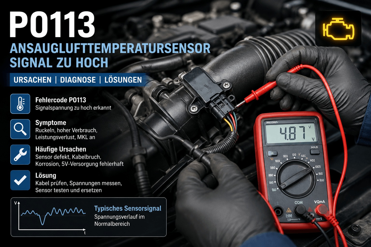 Diagnose des Fehlercodes P0113 am Ansauglufttemperatursensor mit Multimeter und OBD2-Diagnosegerät im Motorraum