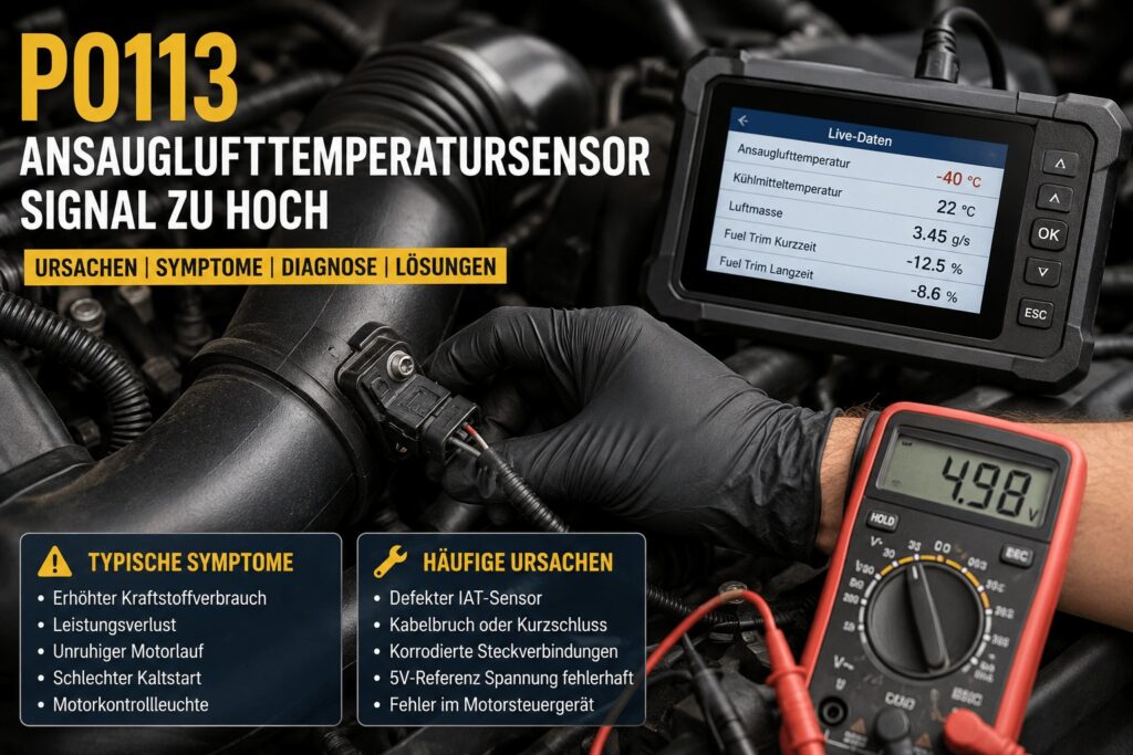 P0113 Fehlercode Diagnose am Ansauglufttemperatursensor mit OBD2-Scanner, Multimeter und typischen Ursachen im Motorraum